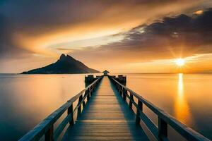 un muelle con un montaña en el antecedentes. generado por ai foto