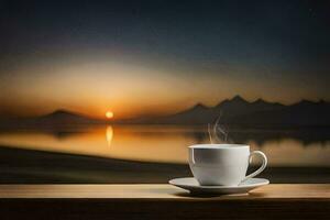 a cup of coffee on a wooden table with a view of the sunset. AI-Generated photo