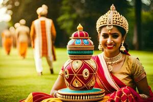 a woman in traditional indian attire sits on the grass with a large pot. AI-Generated photo