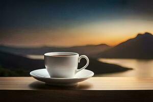 a cup of coffee on a table in front of a lake. AI-Generated photo
