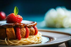 a plate topped with spaghetti and a strawberry. AI-Generated photo