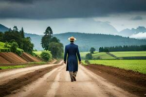 a man in a blue suit walks down a dirt road. AI-Generated photo