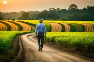 un hombre caminando abajo un suciedad la carretera en un campo. generado por ai foto