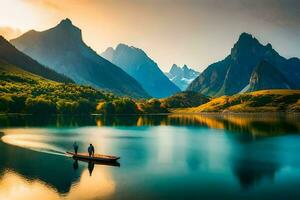 two people in a boat on a lake in the mountains. AI-Generated photo
