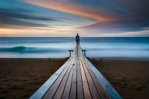 un hombre en pie en un muelle mirando fuera a el océano. generado por ai foto