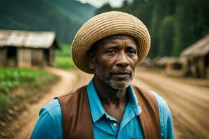 a man in a straw hat stands in front of a village. AI-Generated photo