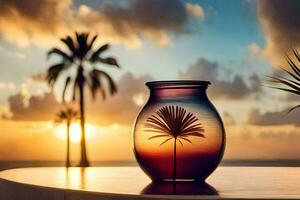 a vase with a palm tree in the background. AI-Generated photo