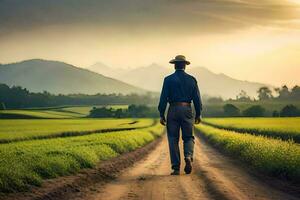 a man in a hat walks down a dirt road in a field. AI-Generated photo