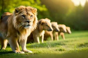 a group of lions walking in the grass. AI-Generated photo