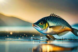 un pescado es caminando en el agua a puesta de sol. generado por ai foto