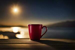 un rojo café taza se sienta en un de madera mesa en frente de un lleno Luna. generado por ai foto