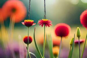 colorful flowers hanging from a chain in a field. AI-Generated photo