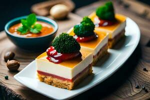 three pieces of cheesecake with fruit on top. AI-Generated photo