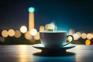 a cup of coffee on a table in front of a cityscape. AI-Generated photo