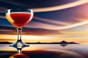 un vaso de vino en un mesa con un puesta de sol en el antecedentes. generado por ai foto