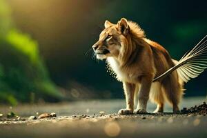 a lion standing on the road with its tail out. AI-Generated photo