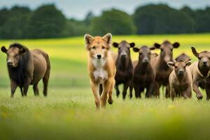 a dog running in a field with a herd of cattle. AI-Generated photo