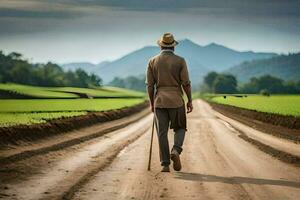 un hombre caminando abajo un suciedad la carretera con un caña. generado por ai foto