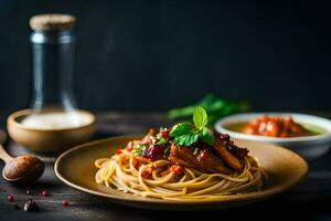 spaghetti with meat and sauce on a wooden table. AI-Generated photo