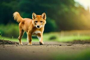 un perro caminando en un suciedad la carretera. generado por ai foto