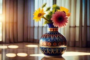 a vase with colorful flowers sitting on a wooden floor. AI-Generated photo