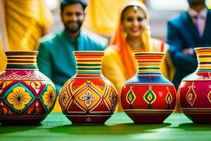 colorful vases with people in the background. AI-Generated photo