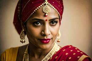 a beautiful indian woman wearing a red and gold headpiece. AI-Generated photo