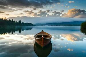 a boat sits on the calm water at sunset. AI-Generated photo