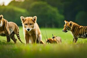 Tres tigres y un zorro en el césped. generado por ai foto