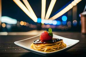 a plate of spaghetti with a strawberry on top. AI-Generated photo