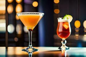 two cocktails sit on a table in front of a blurry background. AI-Generated photo