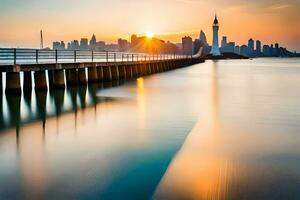 the sun is setting over a pier in front of a city skyline. AI-Generated photo