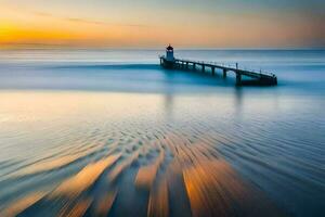 a long exposure photograph of a lighthouse at sunset. AI-Generated photo