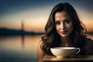 a woman sitting at a table with a cup of coffee. AI-Generated photo