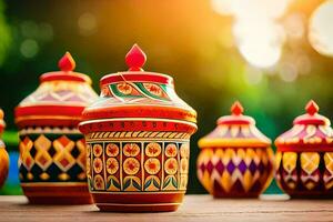 colorful pots and vases on a table. AI-Generated photo