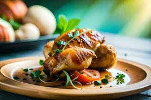 un plato con pollo y vegetales en él. generado por ai foto