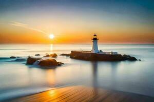 a lighthouse sits on the rocks at sunset. AI-Generated photo