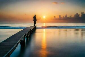 hombre en pie en un muelle a puesta de sol. generado por ai foto