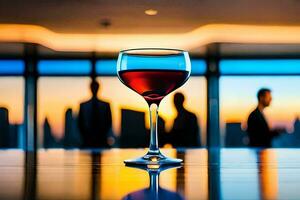 a glass of wine on a table in front of a group of people. AI-Generated photo