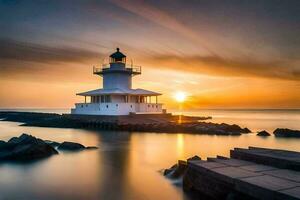 a lighthouse sits on the rocks at sunset. AI-Generated photo