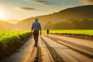 un hombre caminando abajo un suciedad la carretera en un campo. generado por ai foto