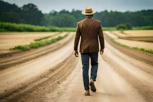 a man in a hat and suit walking down a dirt road. AI-Generated photo