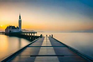 un largo muelle con un Iglesia torre en el antecedentes. generado por ai foto