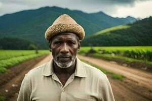 un hombre en un sombrero soportes en un campo. generado por ai foto