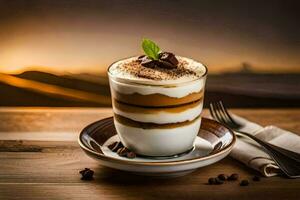 the coffee and dessert are served on a wooden table. AI-Generated photo
