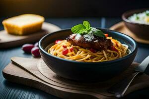 spaghetti with meat and vegetables in a bowl. AI-Generated photo