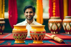 a man smiles while holding two colorful vases. AI-Generated photo