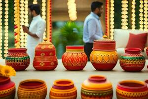 many colorful pots are on display at a wedding. AI-Generated photo