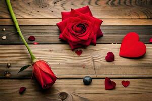 red roses and hearts on a wooden table. AI-Generated photo