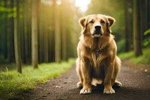 a golden retriever sitting on the road in the woods. AI-Generated photo